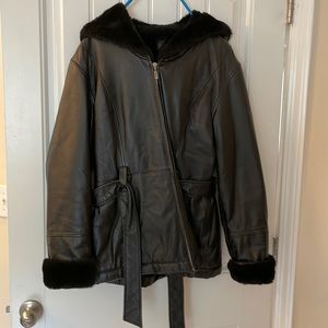 Black leather fur lined winter coat with hood